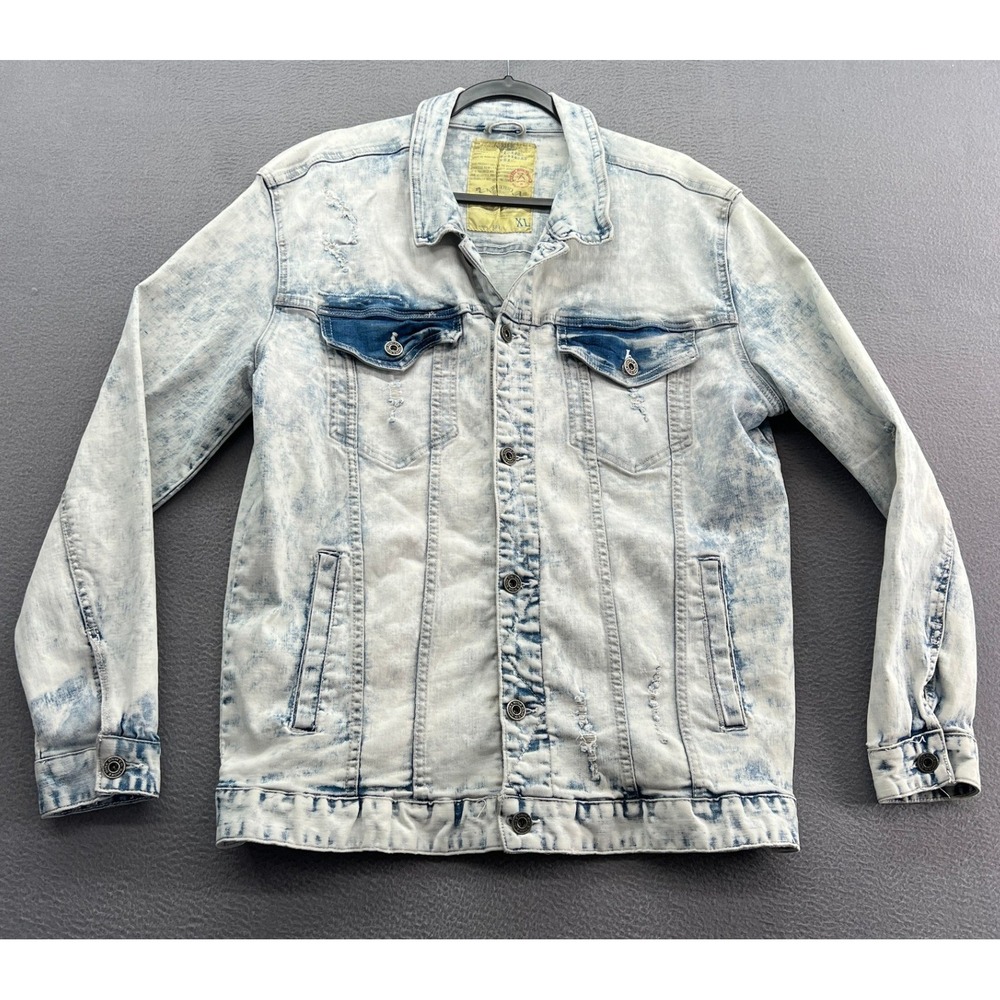 SMOKE Rise Jean Jacket Mens XL Acid Wash Denim Jacket Distressed Trucker Blue